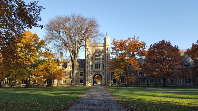 College campus image of the open yard with a building and archway.